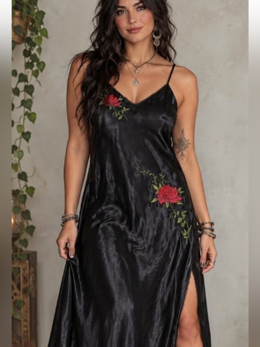 RARE! V.S. Black SILK Slip gown with Embroidered Roses Medium